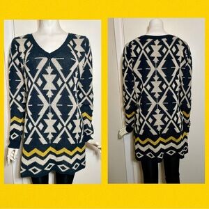 Rhapsody size xl acrylic sweater v-neck tribal print pullover top blue yellow